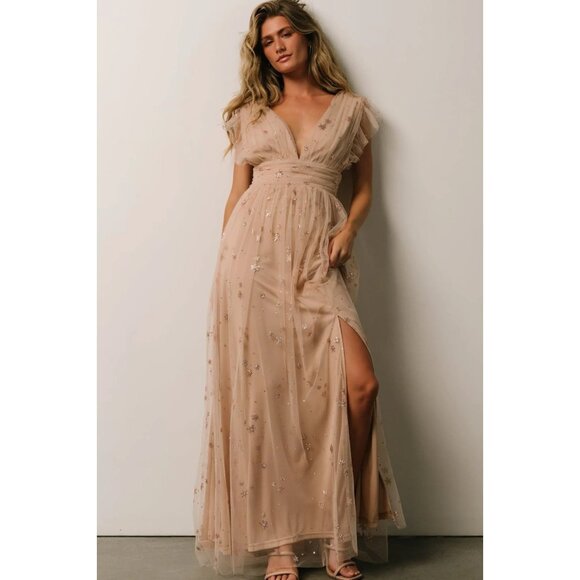 Altard State Fairy Tulle Glitter Stars Blush Pink Plunge V-Neck Maxi Dress M - Picture 10 of 11